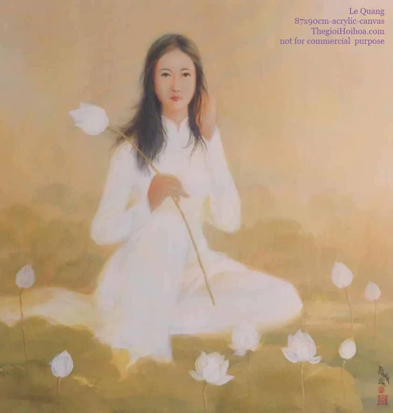 The portrait of a young woman on silk or canvas "White lotus" - Vietnamese artist Le Hong Quang