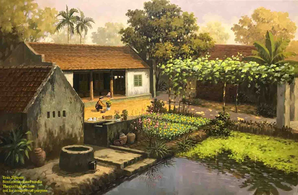 The image of a typical three-room, two-wing house of the northern countryside in the artwork "Warm winter sun" - Vietnamese artist Tran Nguyen