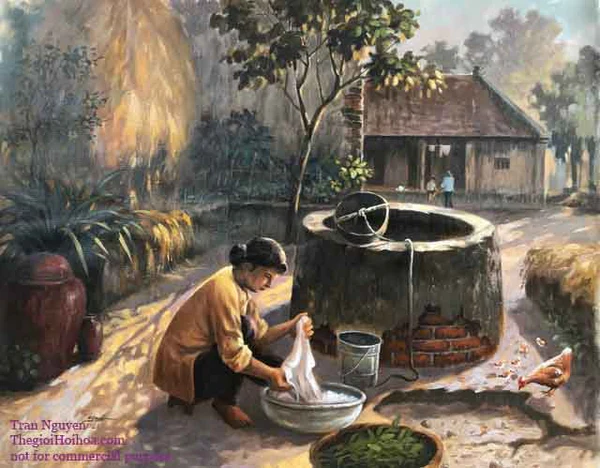 The image of a mother washing clothes next to a brick well in the artwork "Mother's Morning" has touched many people's hearts - Vietnamese artist Tran Nguyen