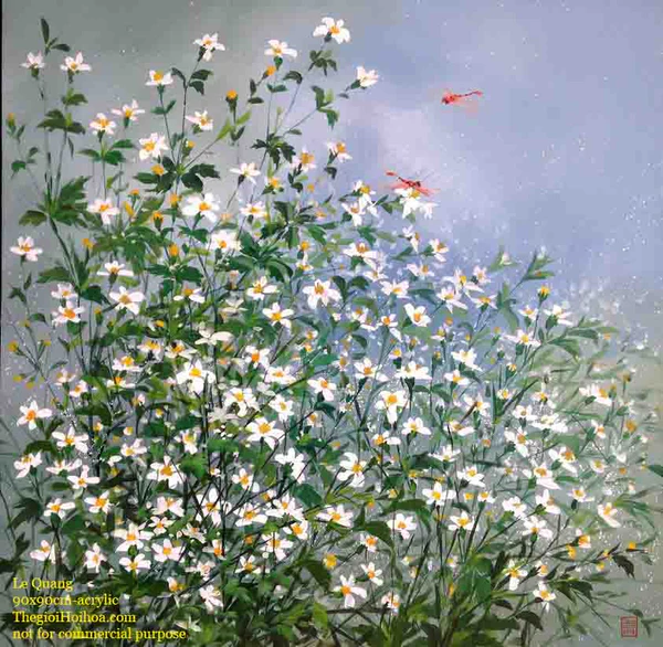 Spring painting with bright colors and oriental style accents "The poetic beauty of tortoiseshell flowers" - Vietnamese artist Le Hong Quang